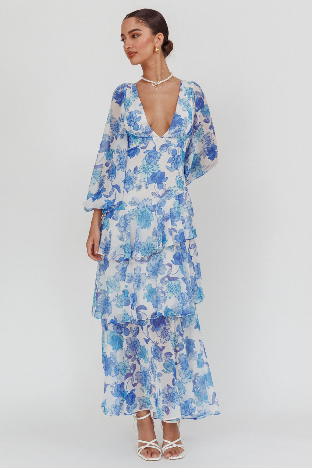 Veda Long Sleeve Floral Tiered Ruffle Maxi Dress Blue by Selfie Leslie