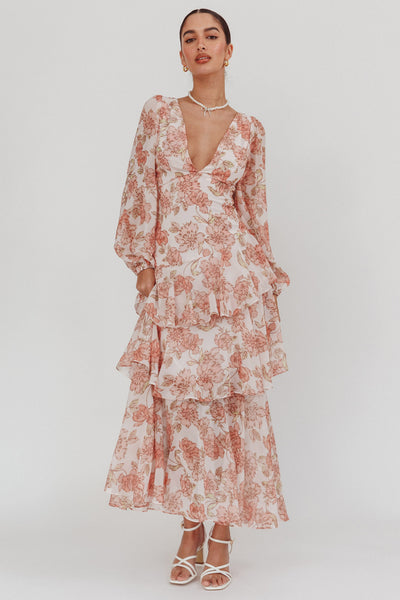 Veda Long Sleeve Floral Tiered Ruffle Maxi Dress Pink