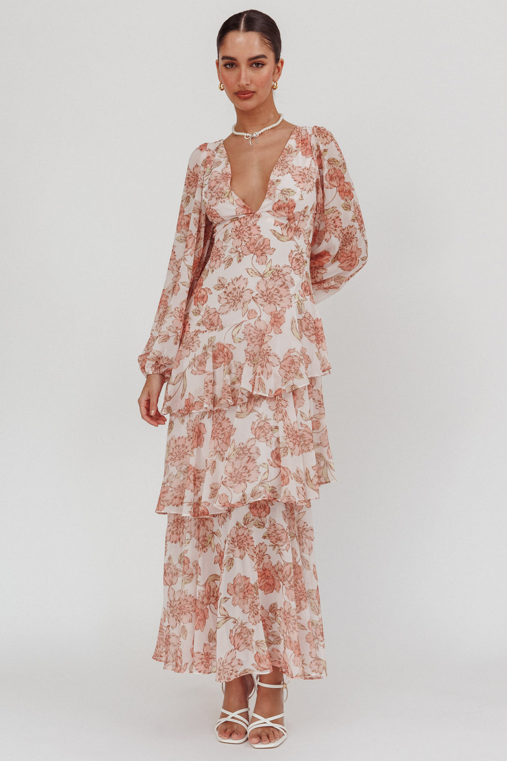 Veda Long Sleeve Floral Tiered Ruffle Maxi Dress Peach by Selfie Leslie
