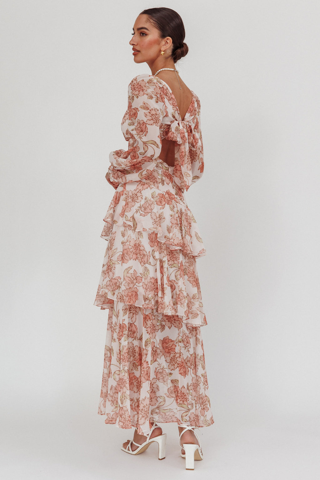 Veda Long Sleeve Floral Tiered Ruffle Maxi Dress Peach by Selfie Leslie