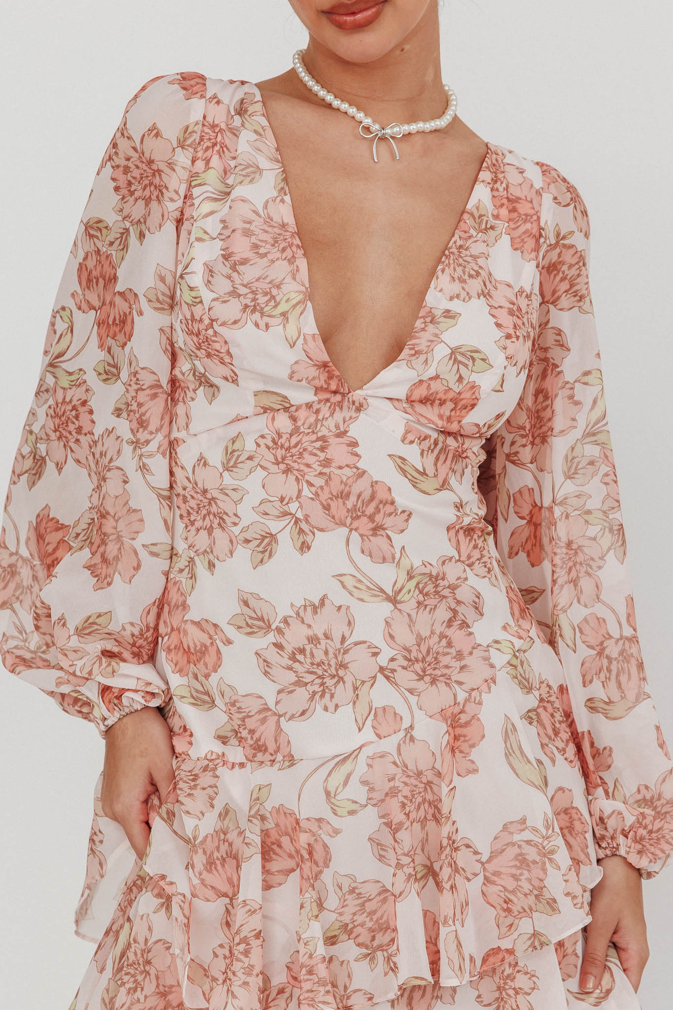 Veda Long Sleeve Floral Tiered Ruffle Maxi Dress Peach by Selfie Leslie