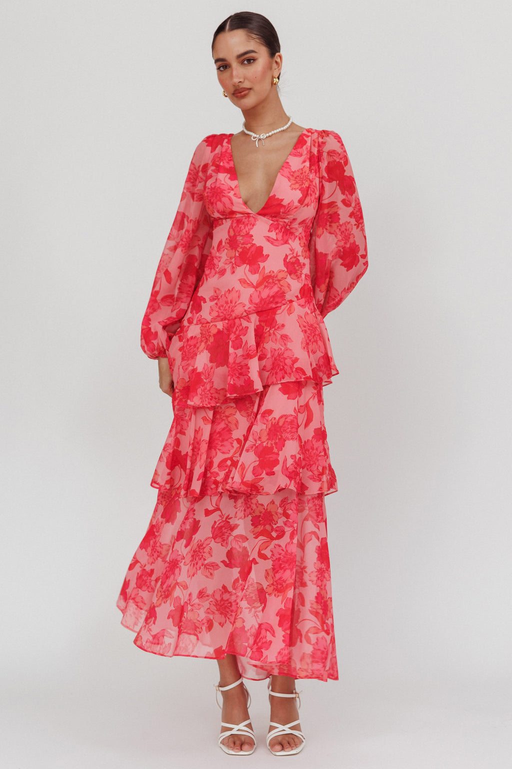 floral printed long sleeve v-neck self tie maxi dress Liana Printed V-Neck Long-Sleeve Maxi Dress
