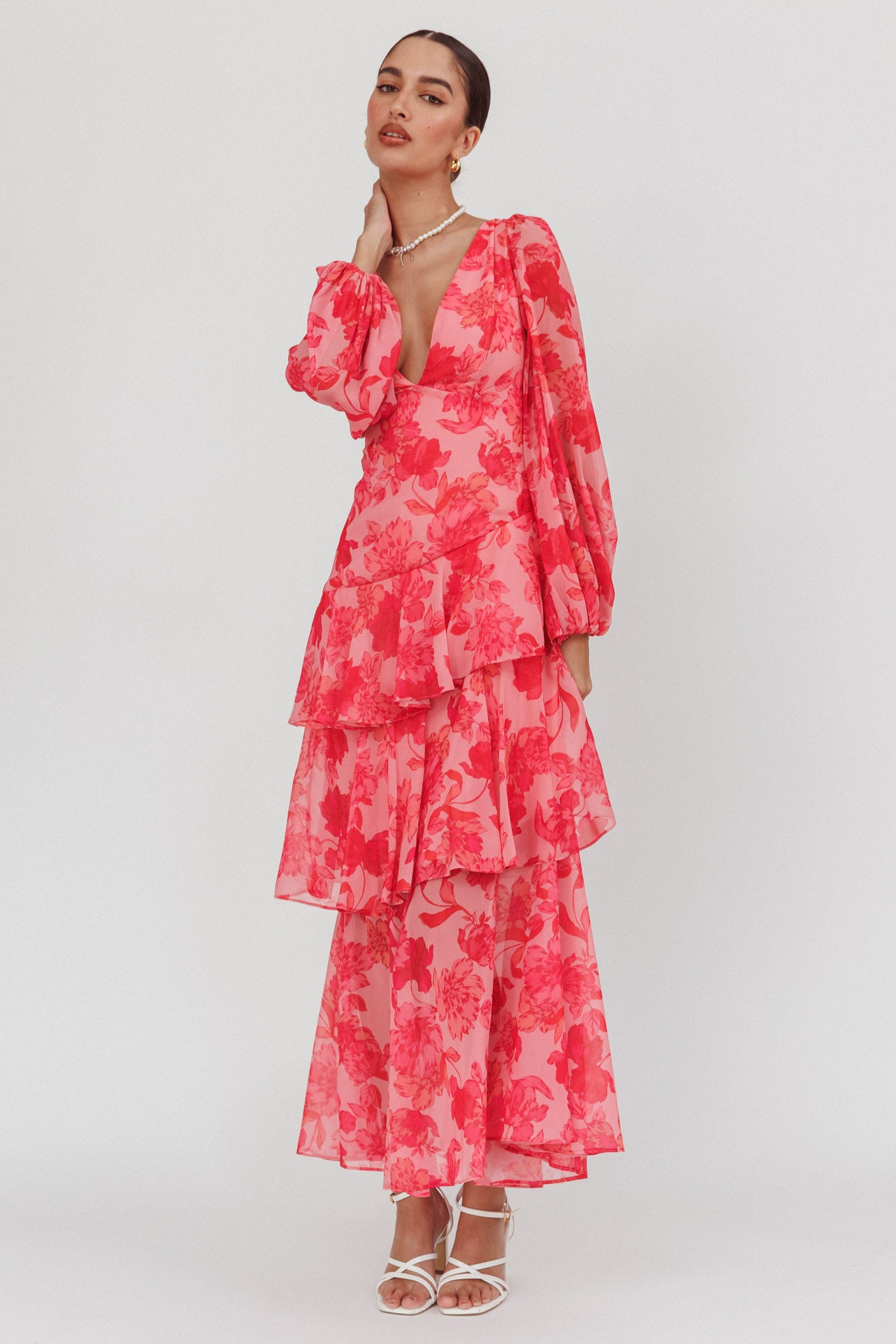 Veda Long Sleeve Floral Tiered Ruffle Maxi Dress Pink - S Veda Long Sleeve Floral Tiered Ruffle Maxi Dress Pink - S