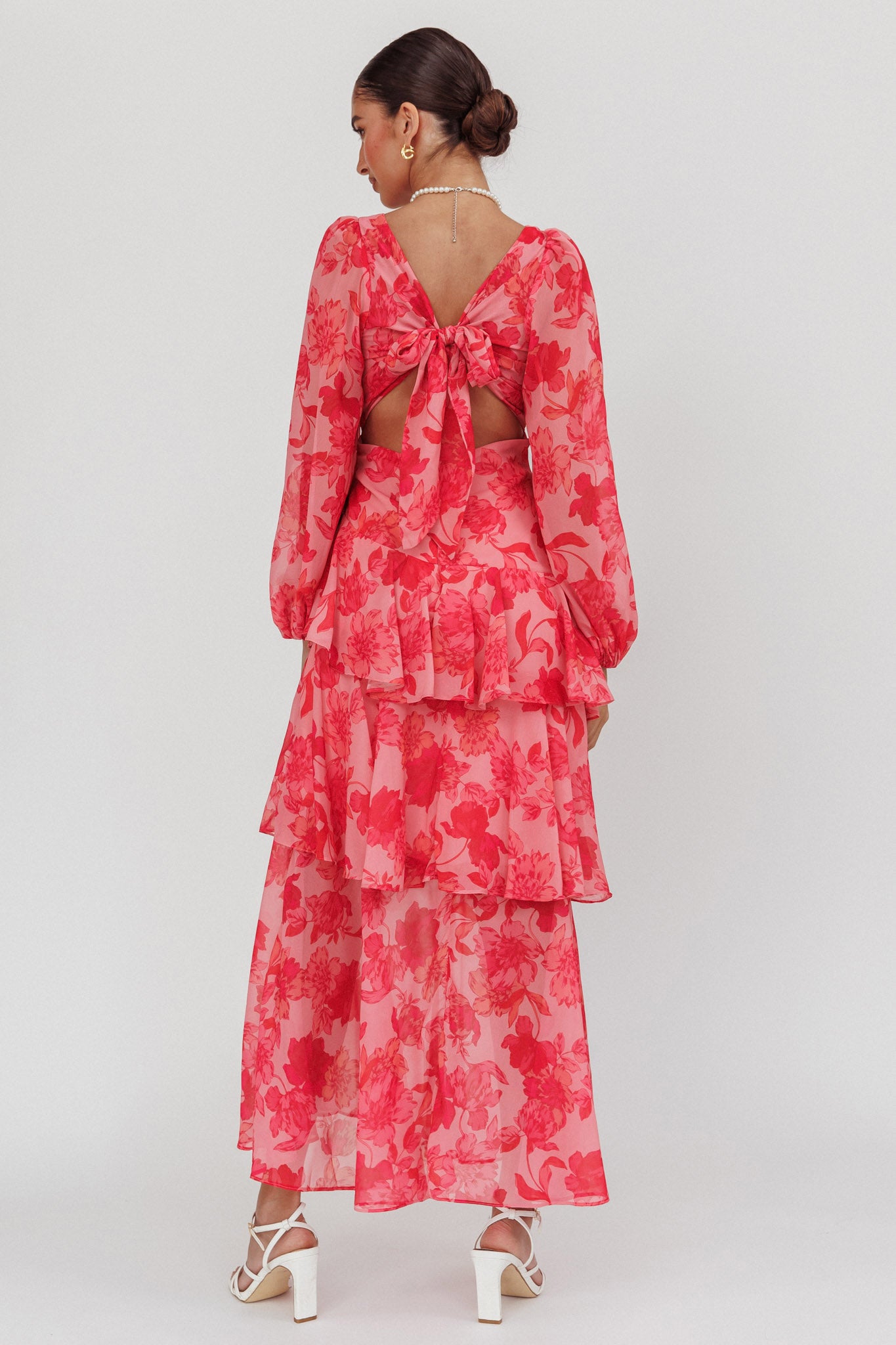 Veda Long Sleeve Floral Tiered Ruffle Maxi Dress Pink | Selfie Leslie