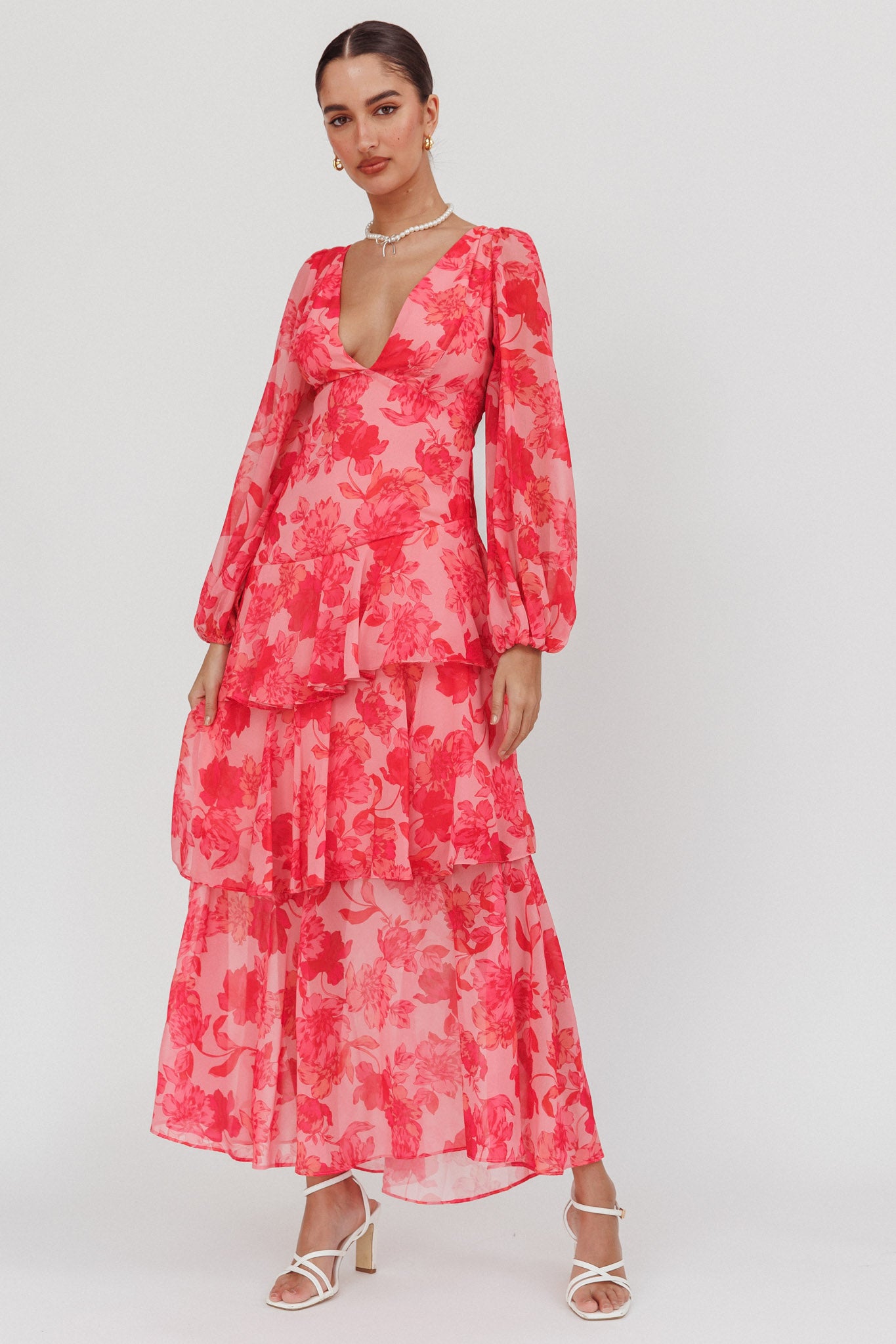 Veda Long Sleeve Floral Tiered Ruffle Maxi Dress Pink Selfie Leslie Veda Long Sleeve Floral Tiered Ruffle Maxi Dress Pink Selfie Leslie
