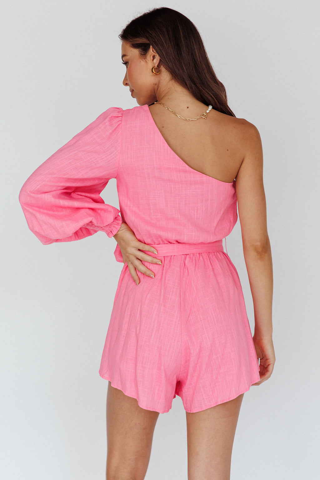 Summer Lover One-Shoulder Long Sleeve Romper Pink by Selfie Leslie