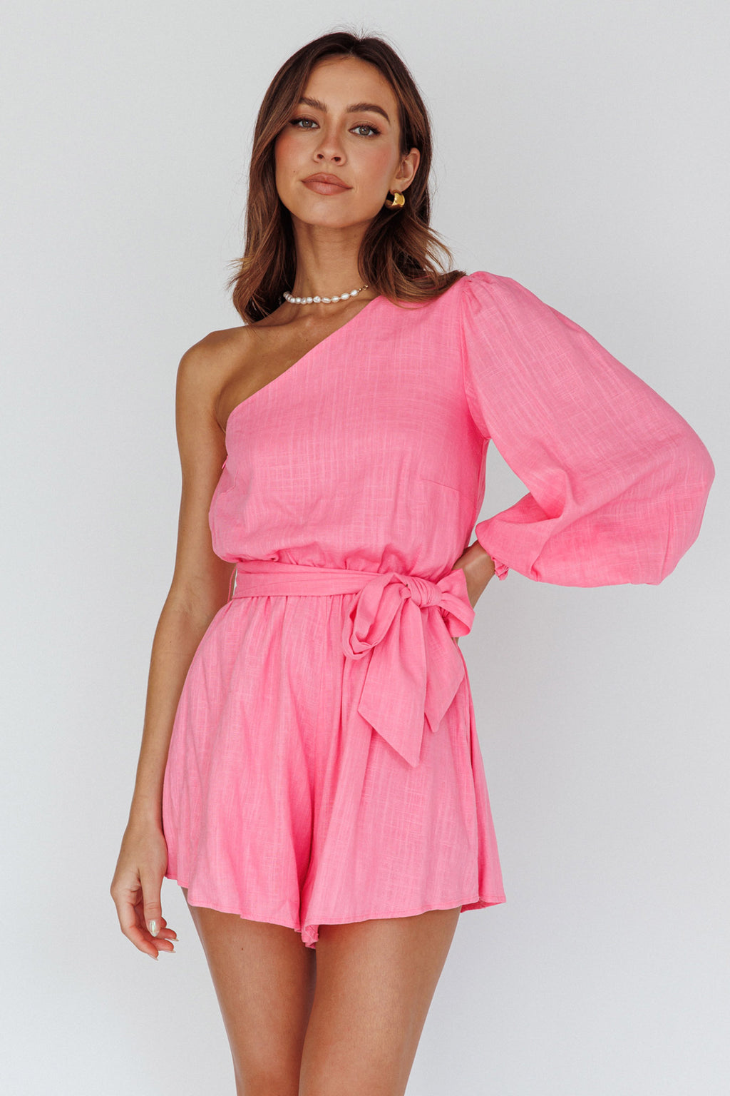 Summer Lover One-Shoulder Long Sleeve Romper Pink by Selfie Leslie