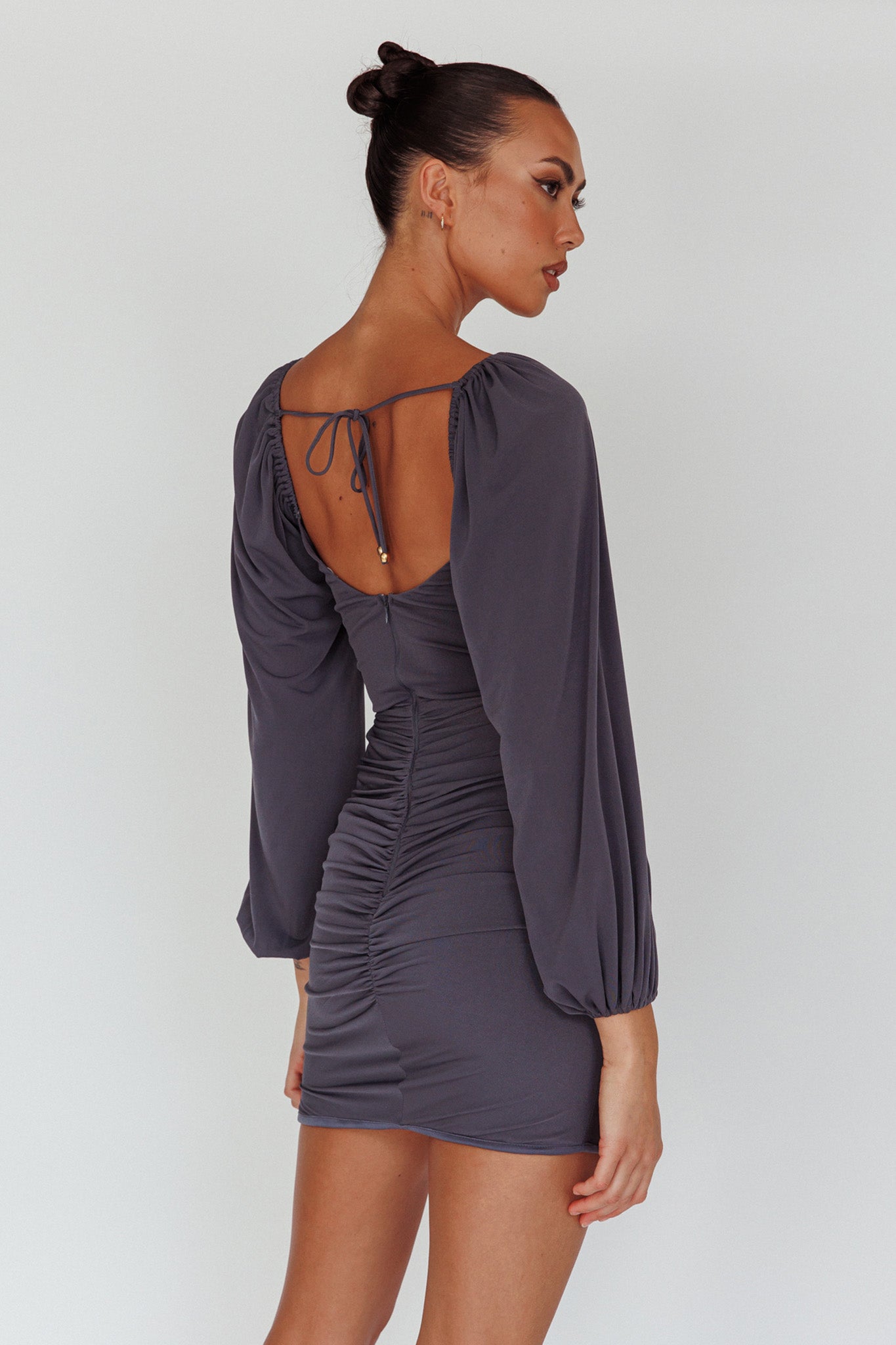 cut out ruched mini dress In Luck Cut-Out Waist Ruched Mini Dress Charcoal