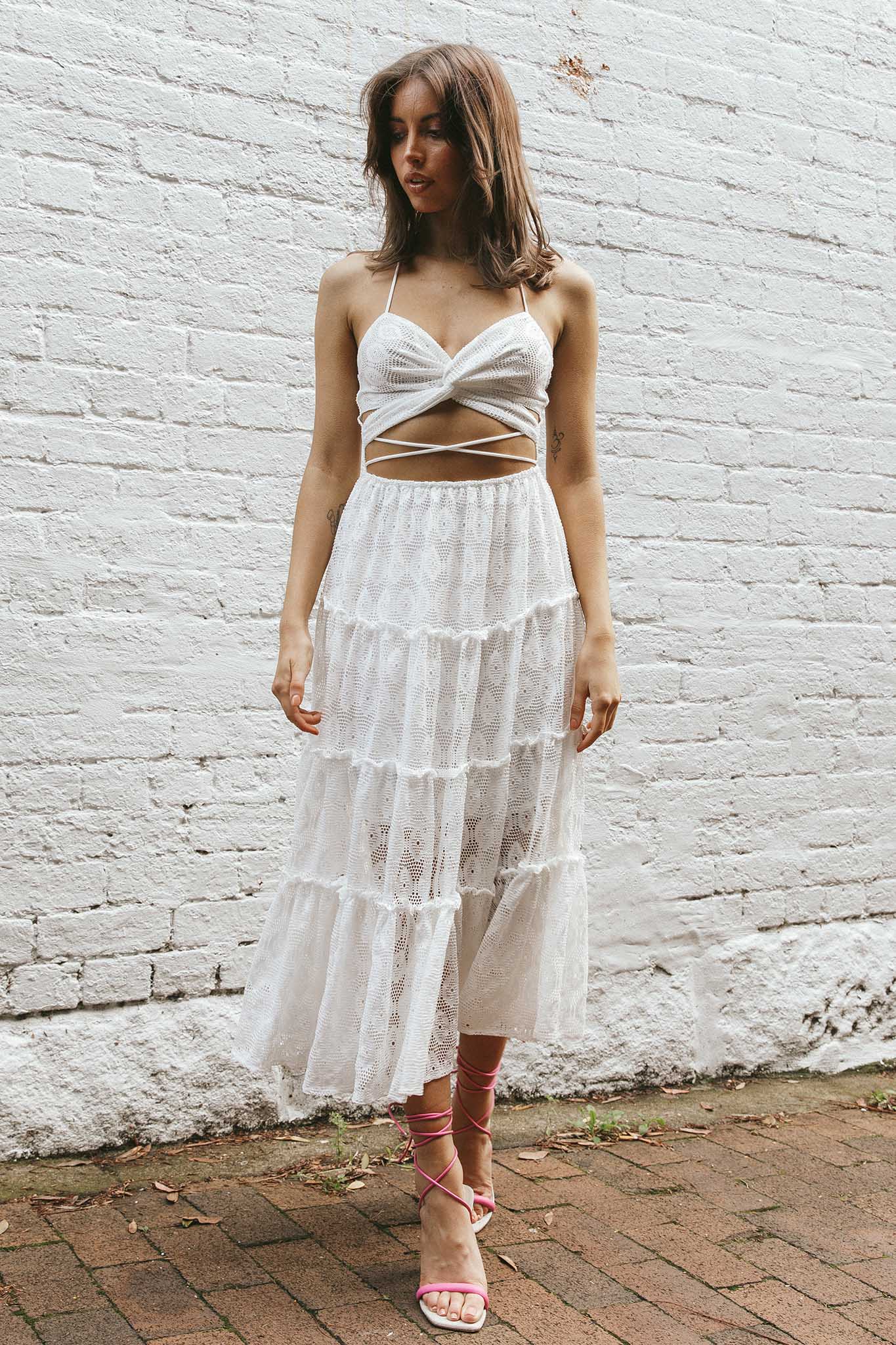 In Luck Cut-Out Waist Midi Dress White by Selfie Leslie