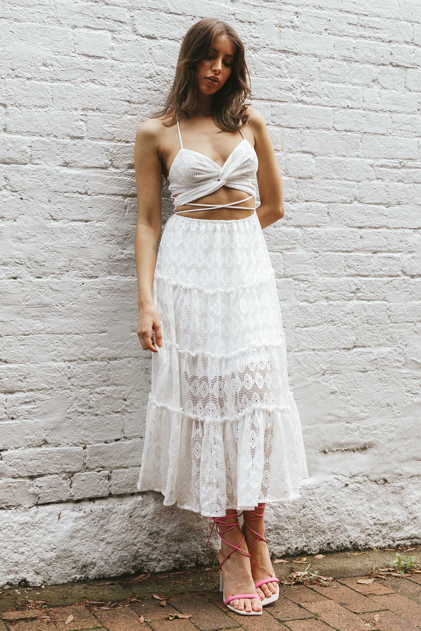 In Luck Cut-Out Waist Midi Dress White by Selfie Leslie