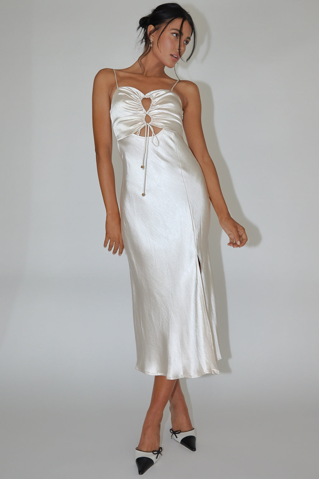 Date Night Drawstring Bust Midi Dress Champagne by Selfie Leslie