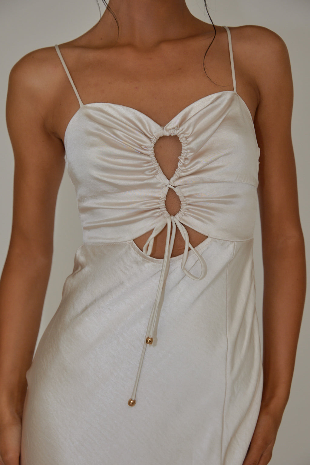 Date Night Drawstring Bust Midi Dress Champagne by Selfie Leslie