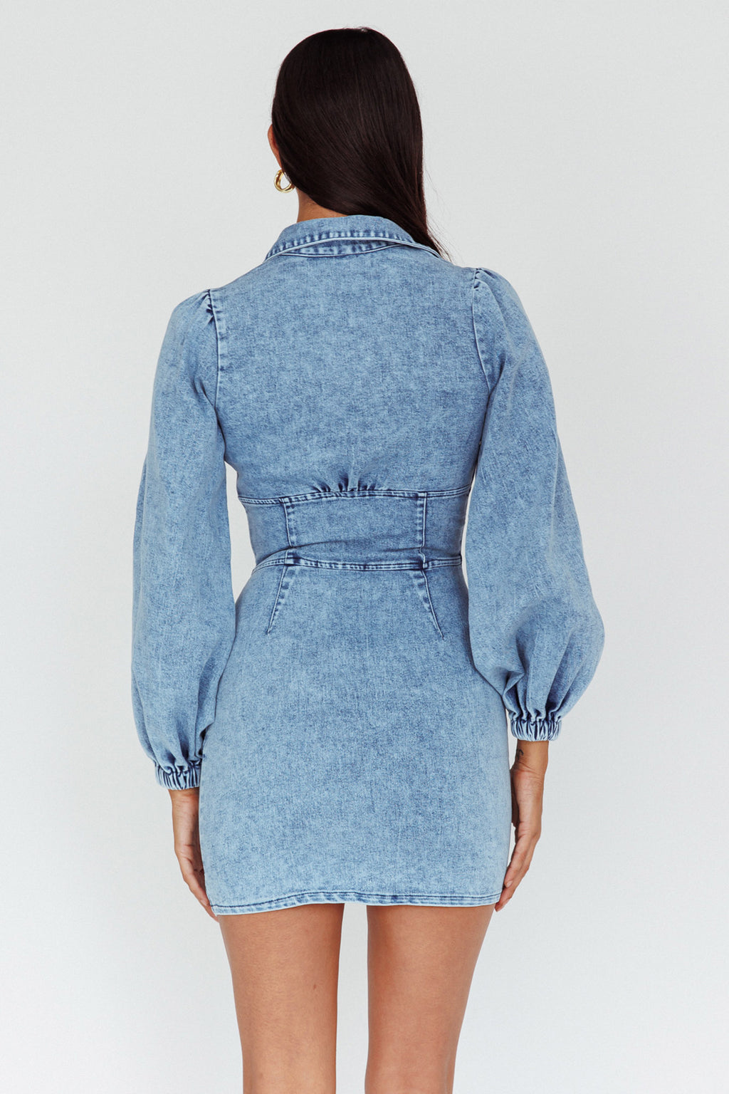 South Beach Long Sleeve Collared Mini Dress Denim by Selfie Leslie