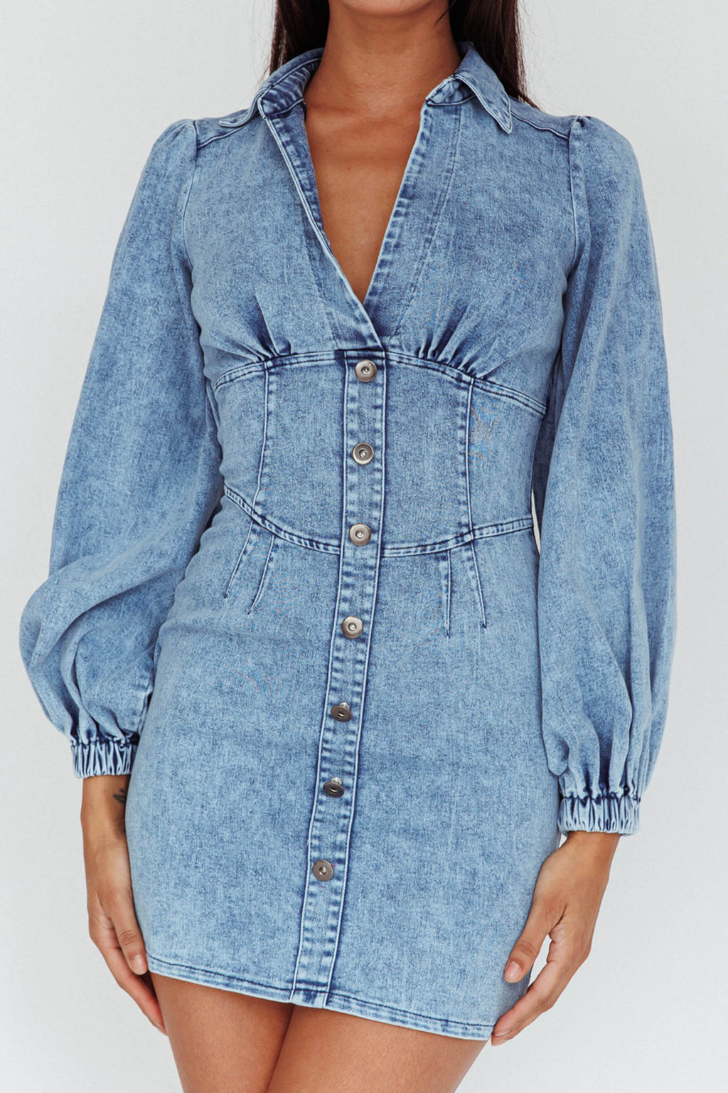 South Beach Long Sleeve Collared Mini Dress Denim by Selfie Leslie