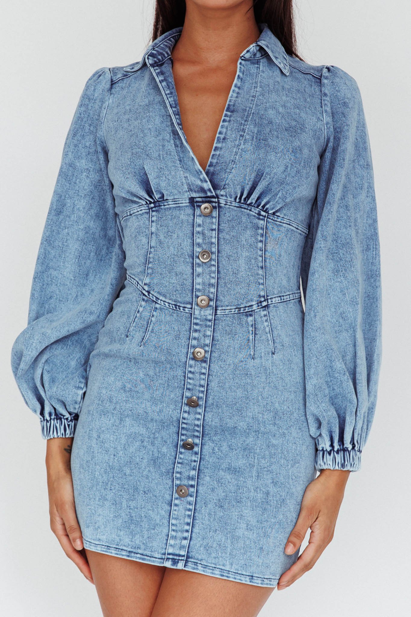 South Beach Long Sleeve Collared Mini Dress Denim by Selfie Leslie
