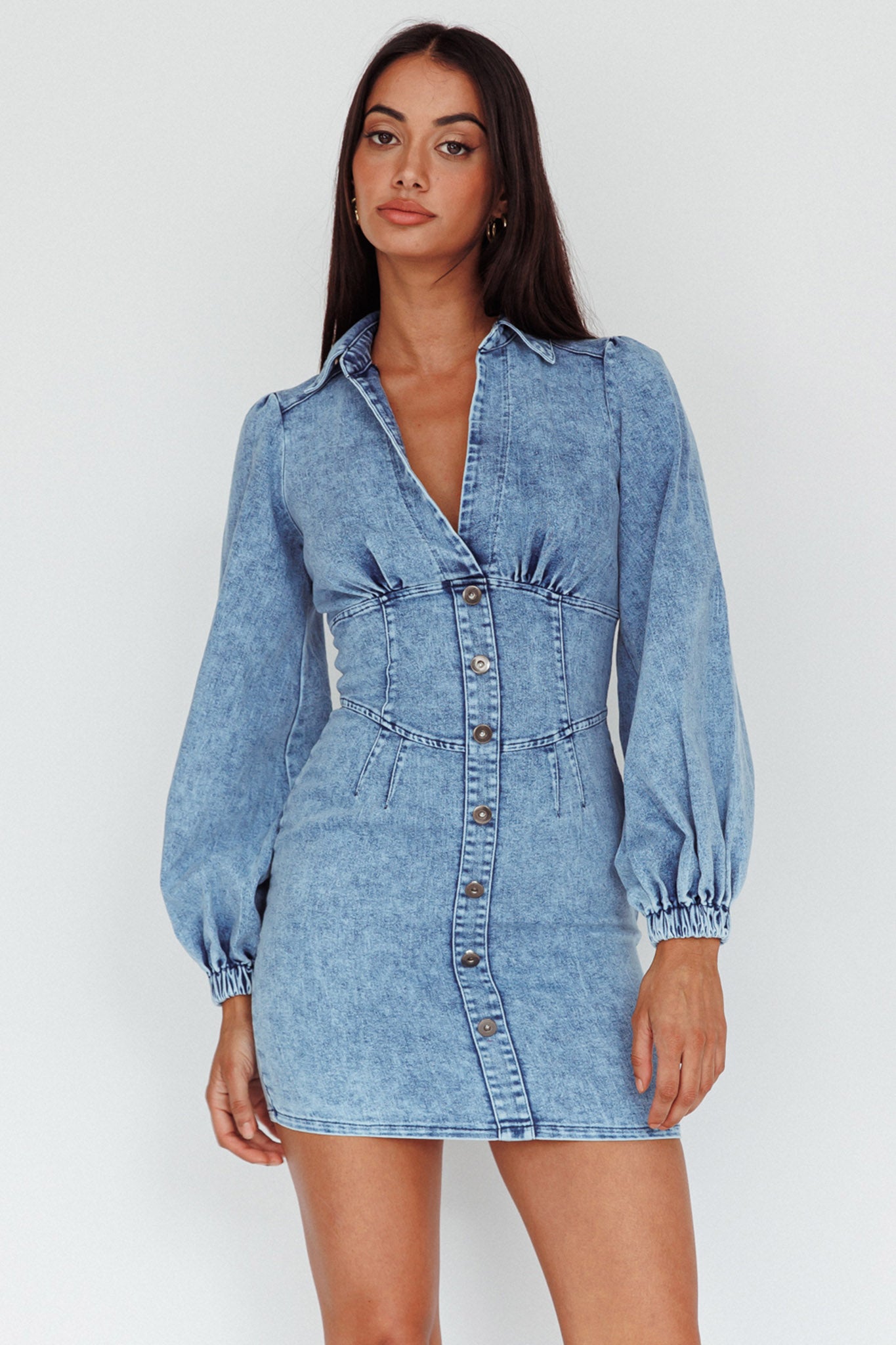 South Beach Long Sleeve Collared Mini Dress Denim by Selfie Leslie