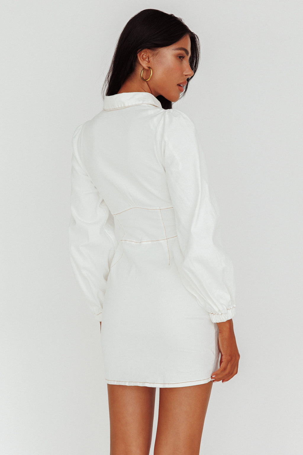 South Beach Long Sleeve Collared Mini Dress White by Selfie Leslie
