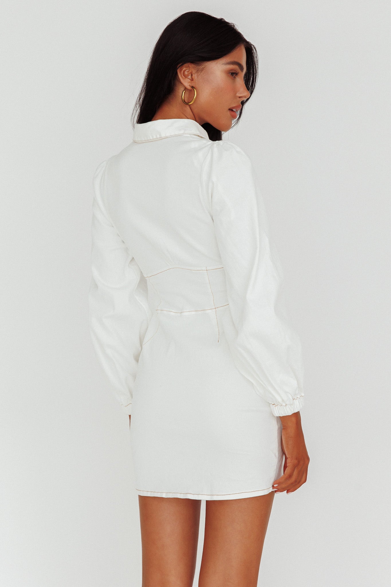 South Beach Long Sleeve Collared Mini Dress White by Selfie Leslie