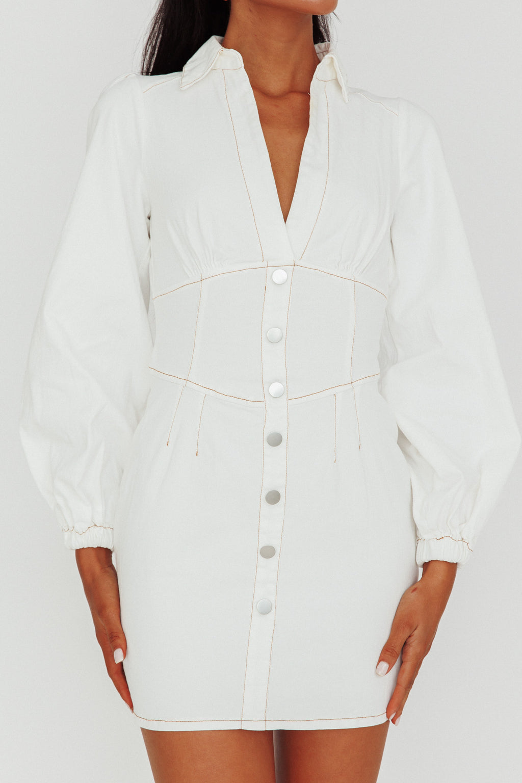 South Beach Long Sleeve Collared Mini Dress White by Selfie Leslie