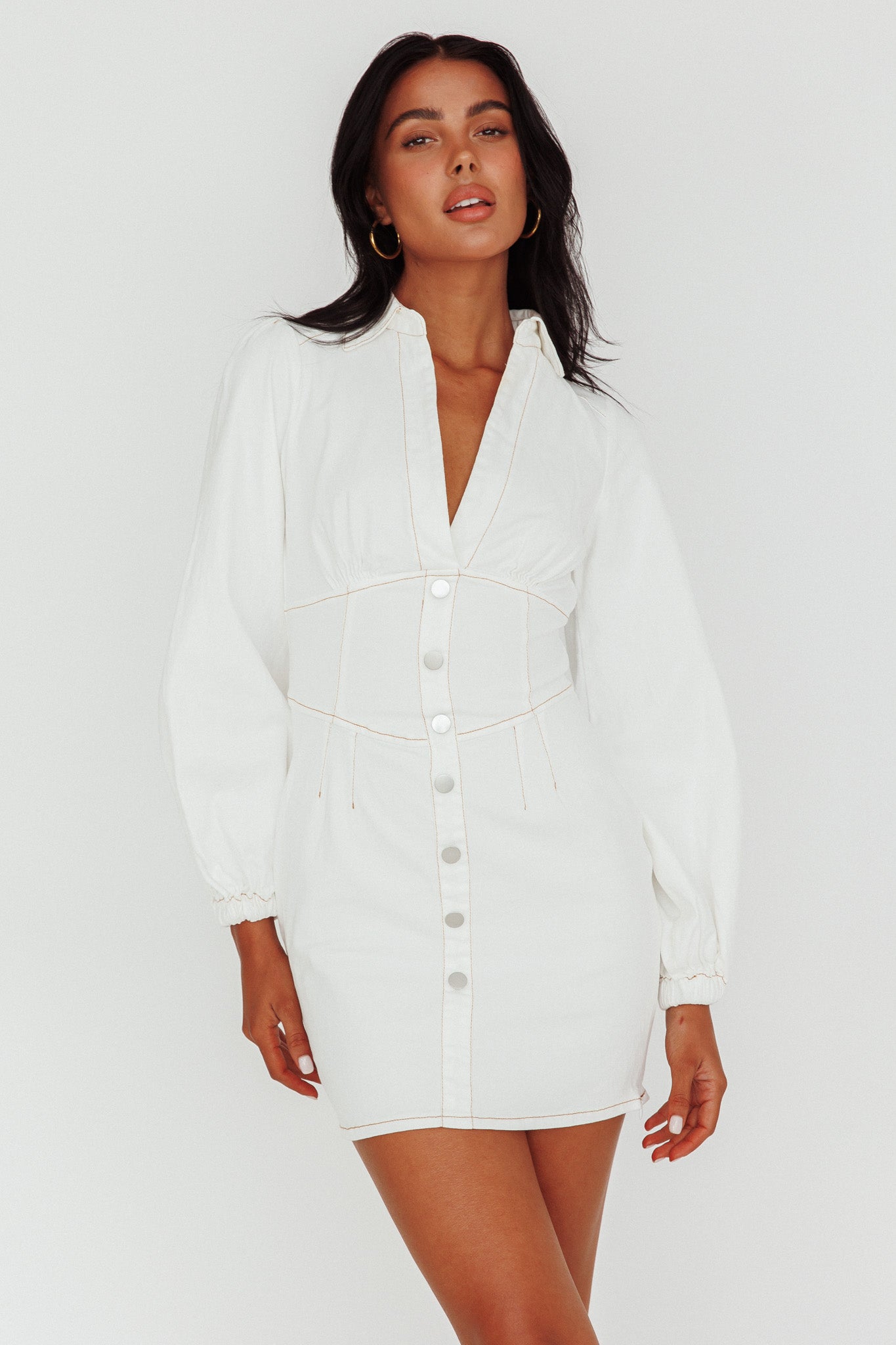 South Beach Long Sleeve Collared Mini Dress White by Selfie Leslie
