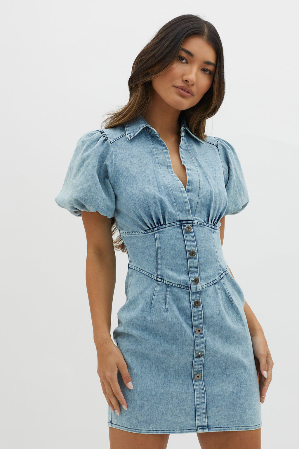 South Beach Puff Sleeve Collared Mini Dress Denim by Selfie Leslie