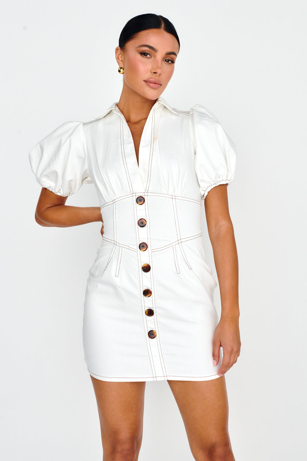 South Beach Puff Sleeve Collared Mini Dress White by Selfie Leslie