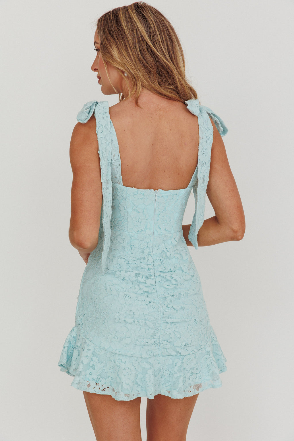 Neriah Tied Shoulder Lace Mini Dress Baby Blue by Selfie Leslie