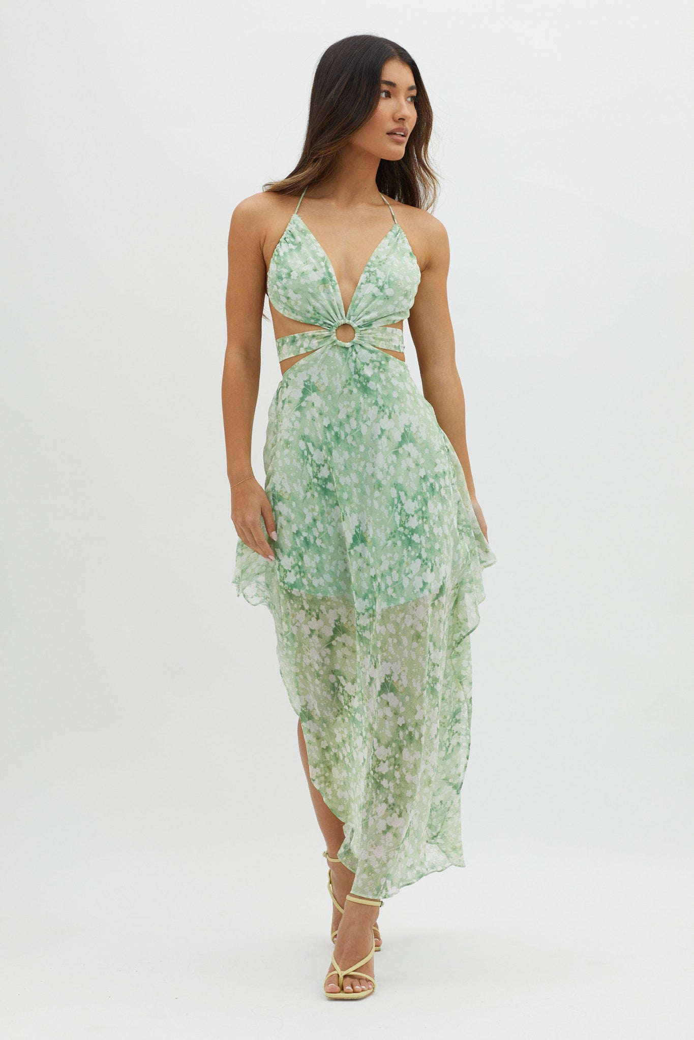 Samia Cut-Out Halterneck Midi Dress Print Green by Selfie Leslie