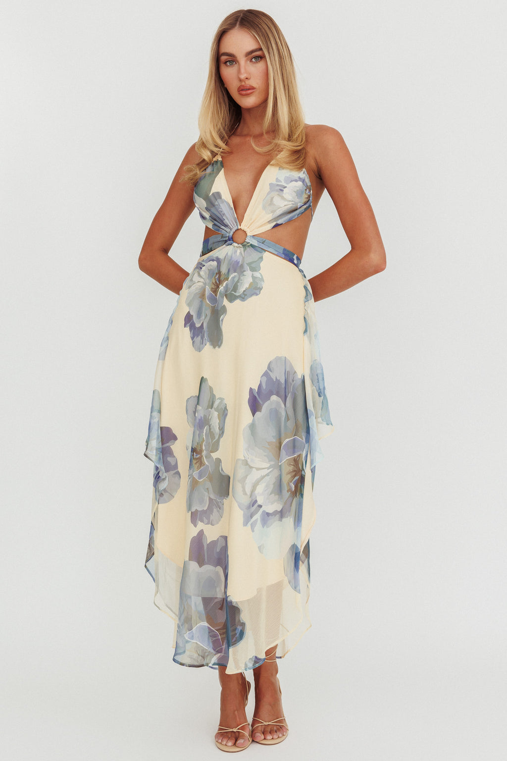 Samia Cut-Out Halterneck Maxi Dress Beige/Blue by Selfie Leslie