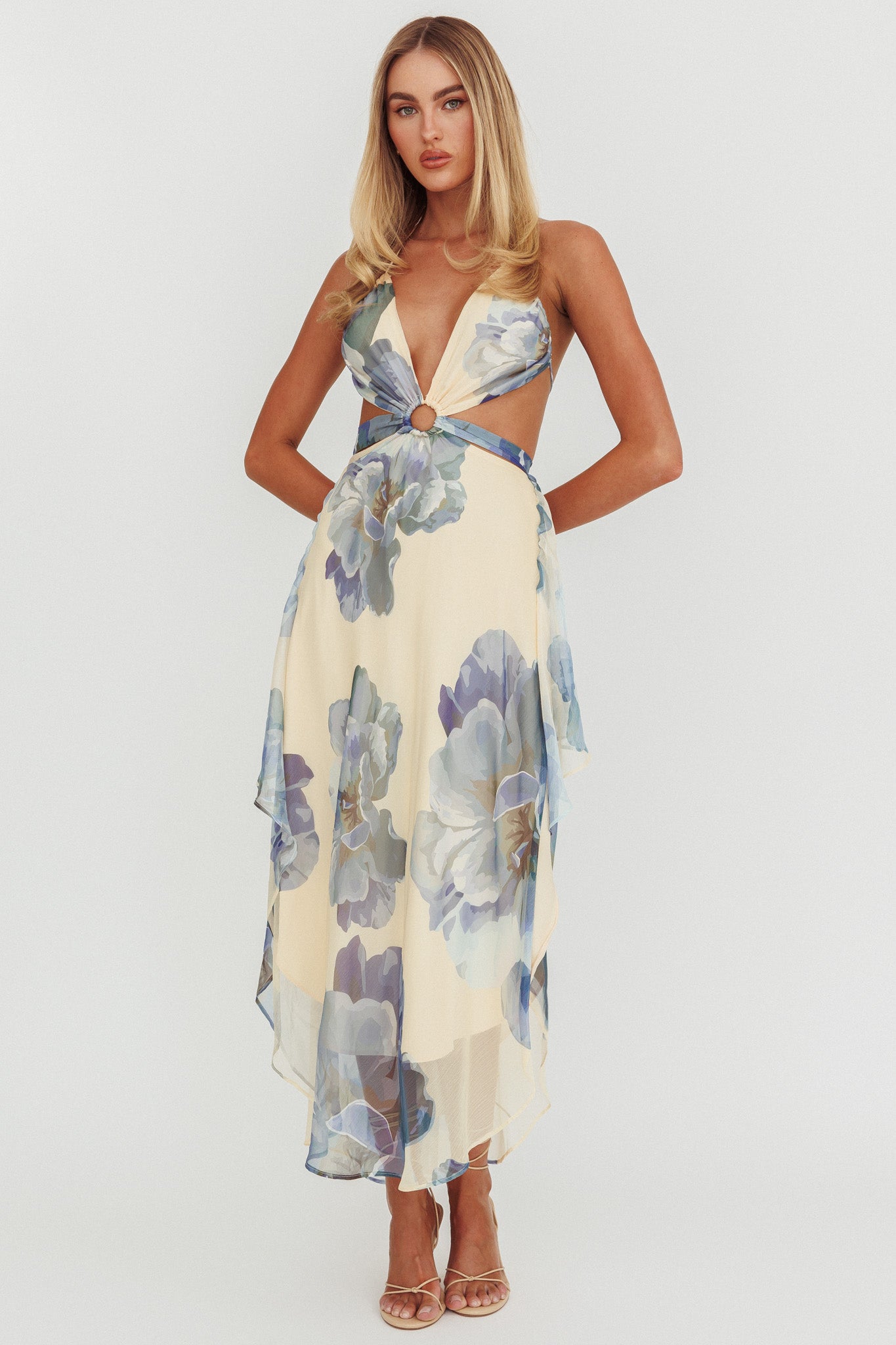 Samia Cut-Out Halterneck Maxi Dress Beige/Blue by Selfie Leslie