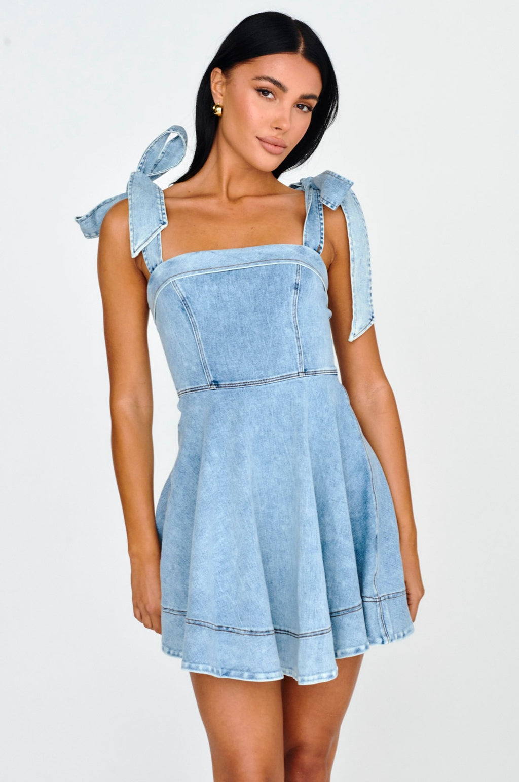 Jeanie Bow Shoulder Mini Dress Denim by Selfie Leslie