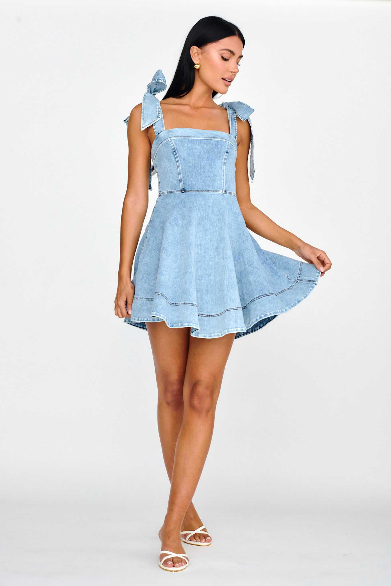 Jeanie Bow Shoulder Mini Dress Denim by Selfie Leslie