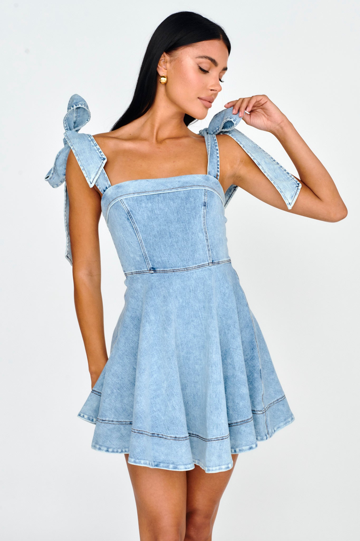 Jeanie Bow Shoulder Mini Dress Denim by Selfie Leslie