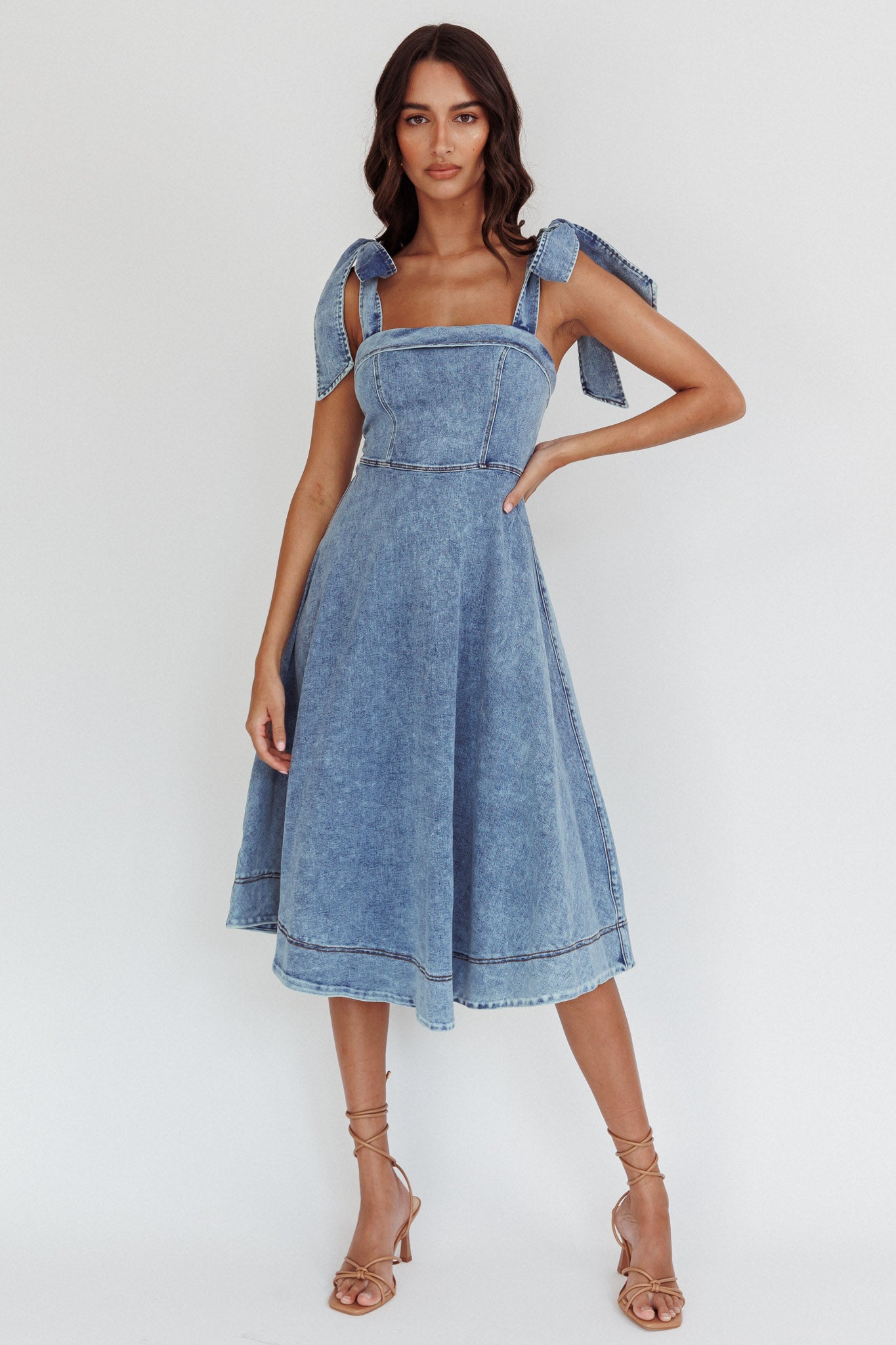 Shop the Jeanie Bow Shoulder Midi Dress Wash Denim Blue