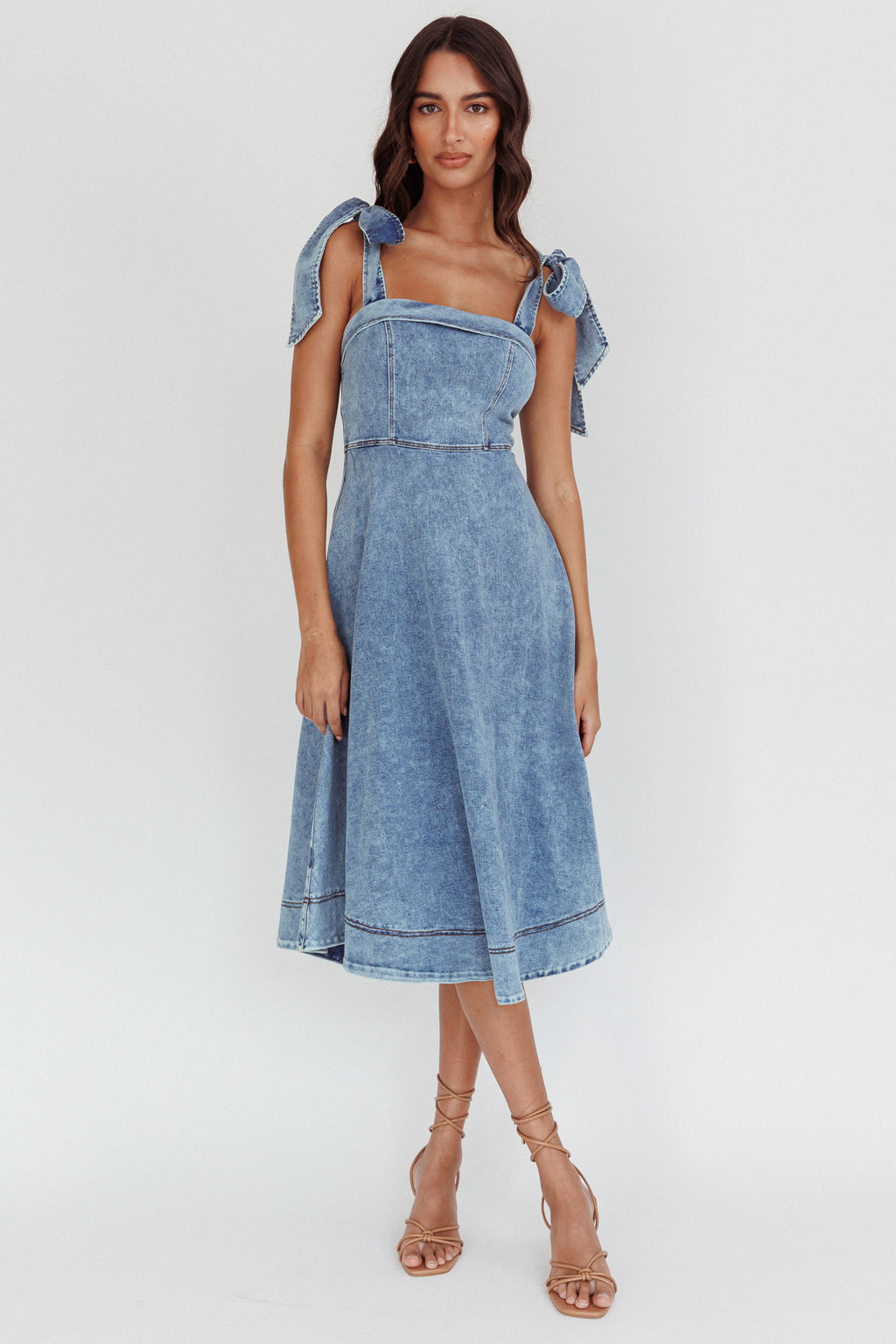 Jeanie Bow Shoulder Midi Dress Wash Denim Blue by Selfie Leslie