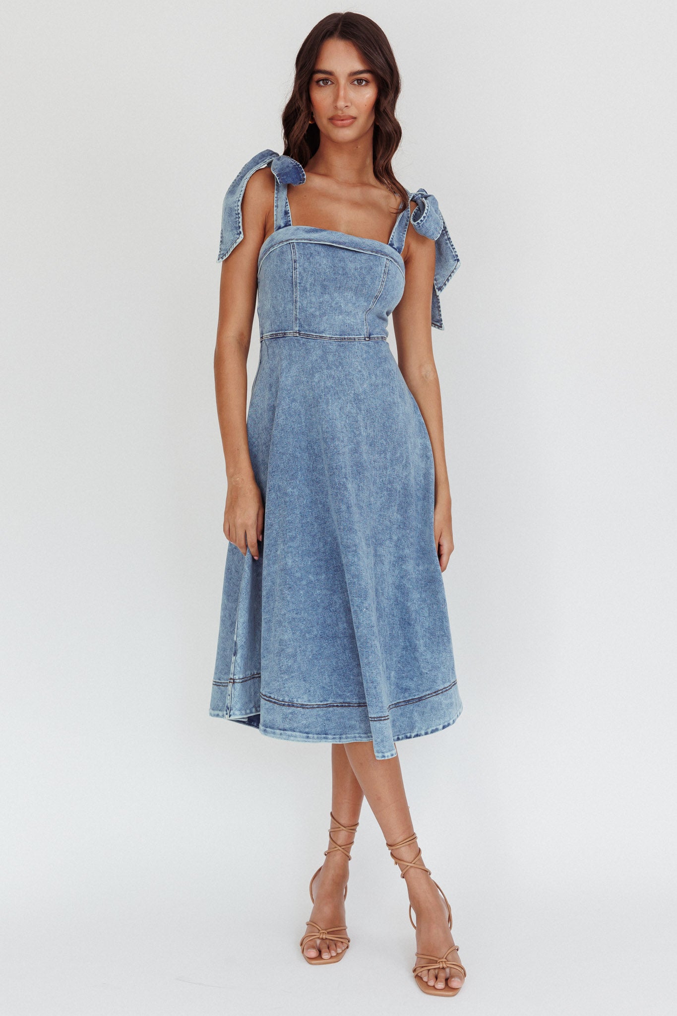 Jeanie Bow Shoulder Midi Dress Wash Denim Blue by Selfie Leslie
