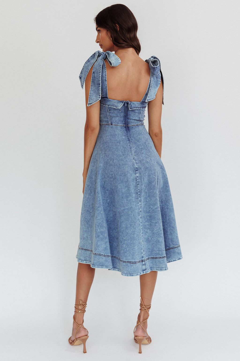 Jeanie Bow Shoulder Midi Dress Wash Denim Blue by Selfie Leslie