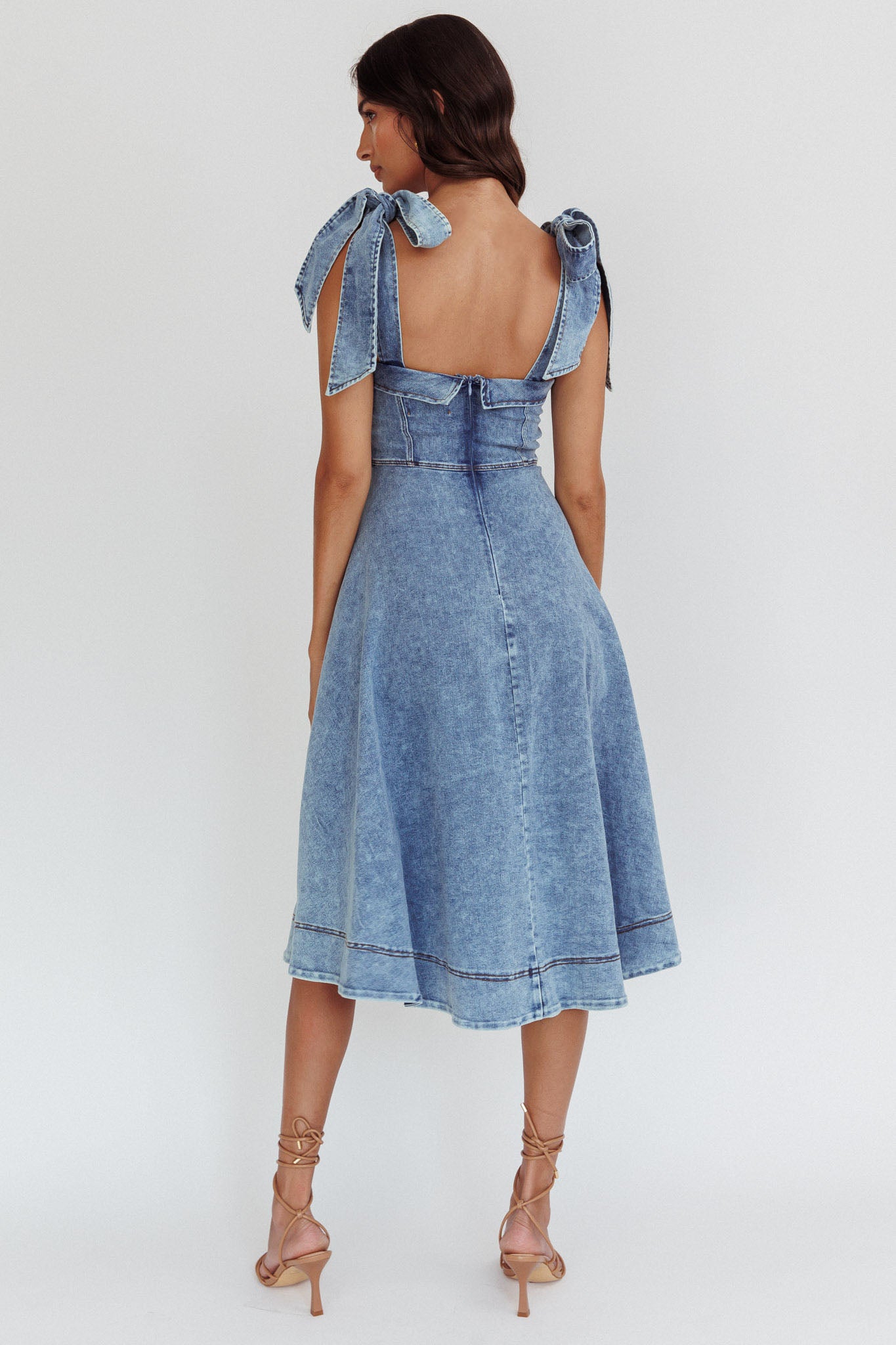 Jeanie Bow Shoulder Midi Dress Wash Denim Blue– Selfie Leslie