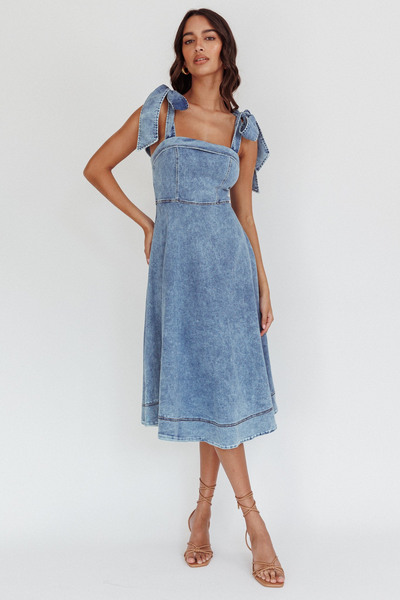 Jeanie Bow Shoulder Midi Dress Wash Denim Blue by Selfie Leslie