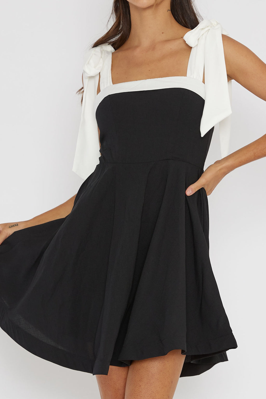 Jeanie Bow Shoulder Mini Dress Black by Selfie Leslie