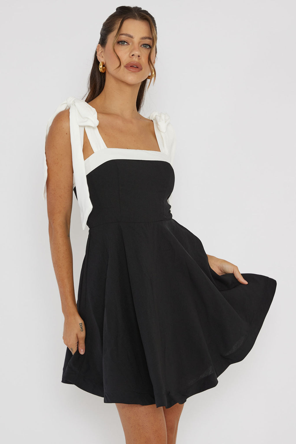 Jeanie Bow Shoulder Mini Dress Black by Selfie Leslie