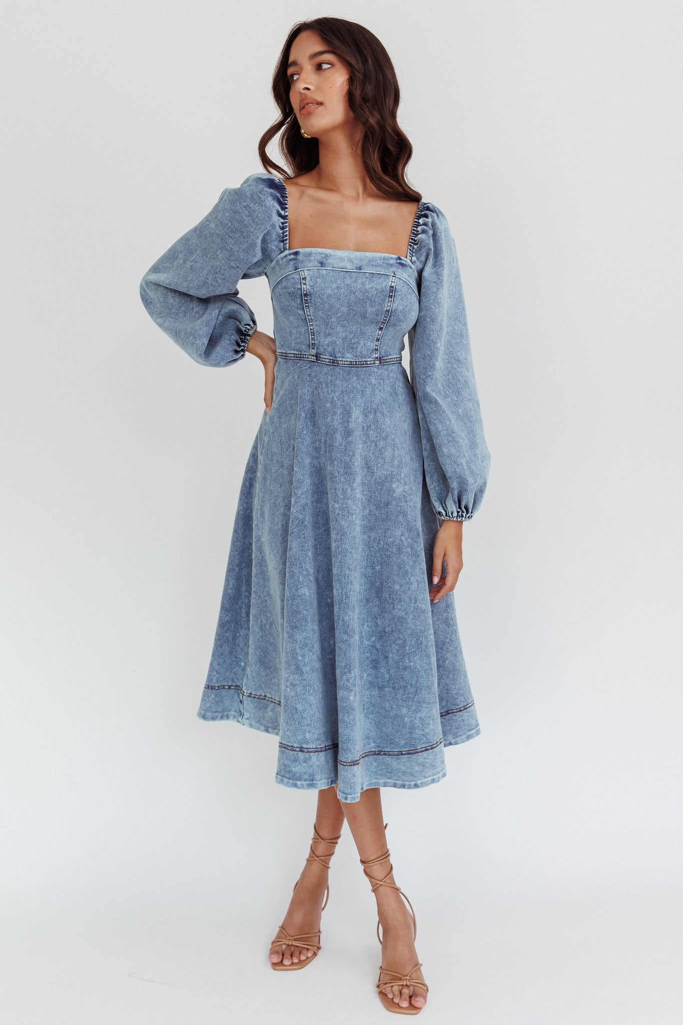 Shop the Jeanie Long Sleeve Midi Dress Denim Blue