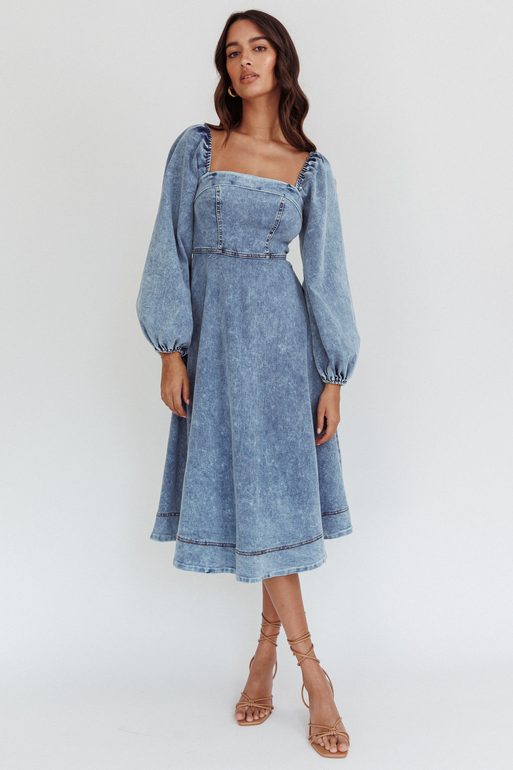 Jeanie Bow Shoulder Midi Dress Denim Blue by Selfie Leslie