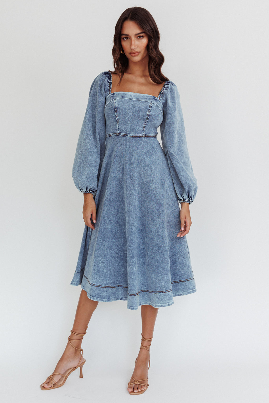 Jeanie Bow Shoulder Midi Dress Denim Blue by Selfie Leslie