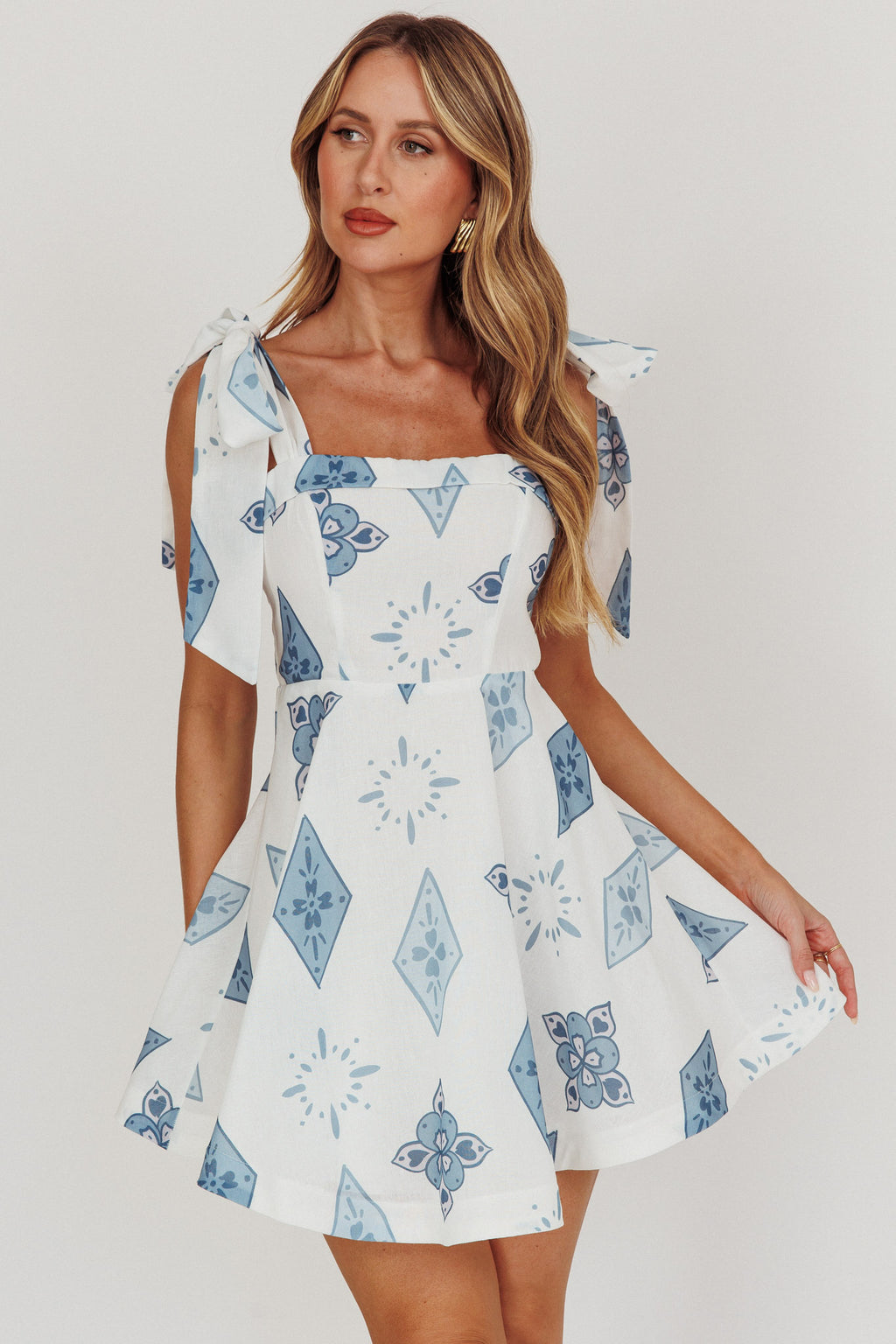 Jeanie Tied Shoulder Mini Dress Blue by Selfie Leslie