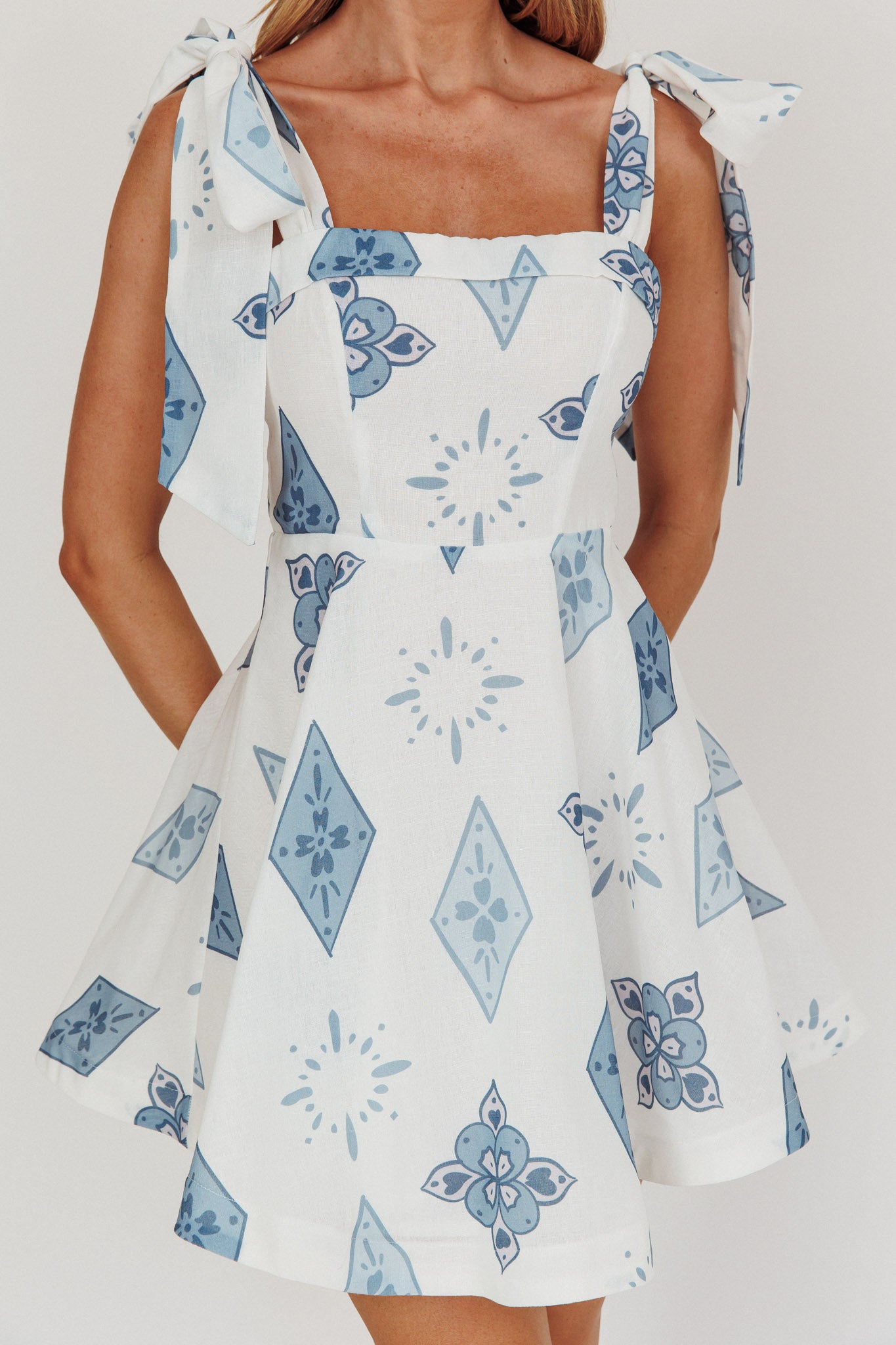 Jeanie Tied Shoulder Mini Dress Blue by Selfie Leslie