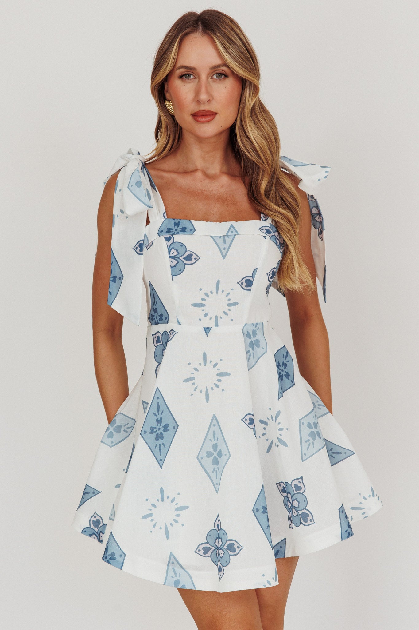 Jeanie Tied Shoulder Mini Dress Blue by Selfie Leslie