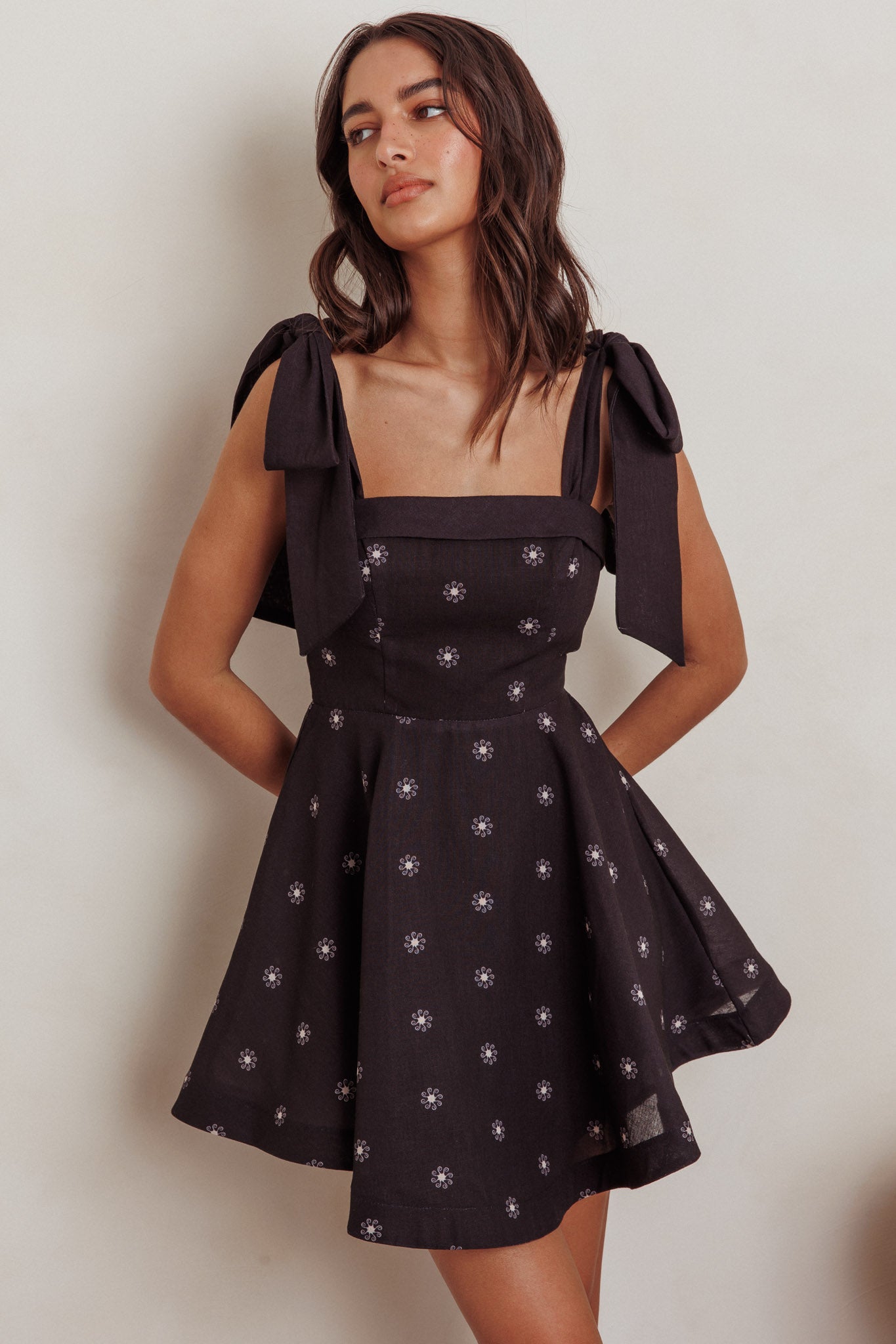 Jeanie Tied Shoulder Mini Dress Black by Selfie Leslie
