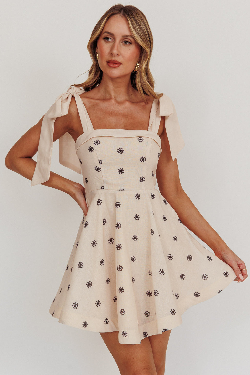 Jeanie Tied Shoulder Mini Dress Oat by Selfie Leslie