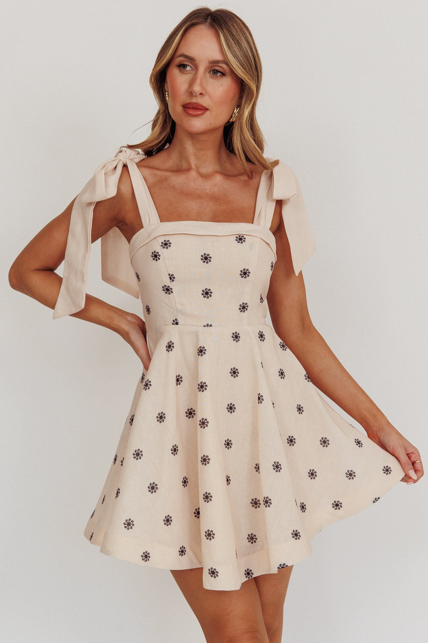 Jeanie Tied Shoulder Mini Dress Oat by Selfie Leslie